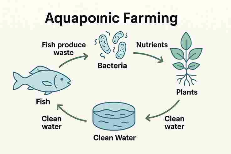 Aquaponic Farming Water and Nutrient Cycle Explained Aquaponic farming diagram showing fish in a tank, plants growing above in a soil-free bed, and arrows illustrating the water-nutrient cycle.