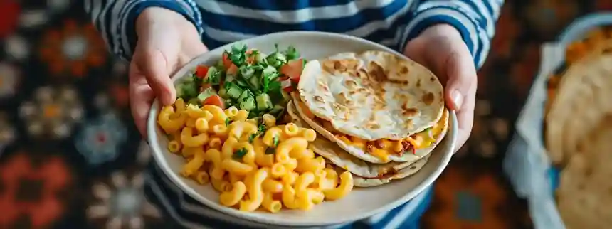 Kids dinner plate with veggie mac and cheese, quesadillas, and tacos – meals even picky eaters will enjoy