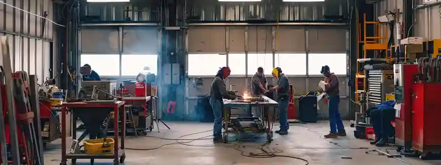 Students training in welding, electrical work, and auto mechanics inside a modern trade school workshop.