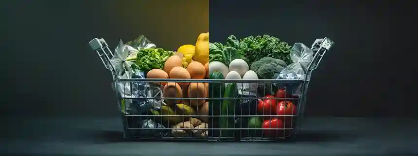 A grocery basket split into two halves—one side filled with organic-labeled items like leafy greens, eggs, and fruit in minimal packaging, the other side filled with conventionally labeled versions in plastic wrap or branded boxes.