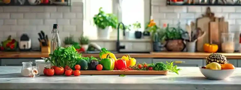 Healthy TikTok viral recipes on a kitchen counter including pasta, salad, and overnight oats.