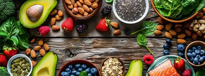 A vibrant flat lay of best healthy foods including avocados, berries, Greek yogurt, salmon, leafy greens, oats, and nuts, beautifully arranged on a rustic wooden table with natural lighting.