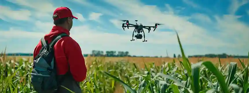 Modern farming professionals using technology: drone operator,