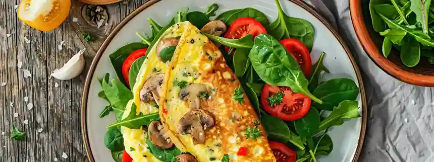 Veggie omelets with spinach, peppers, and mushrooms served with a fresh green salad