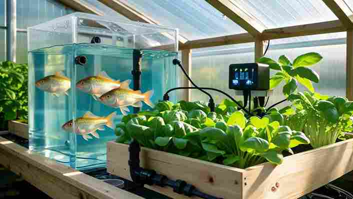 Compact aquaponic farming system with fish tank and grow beds in a small urban greenhouse.