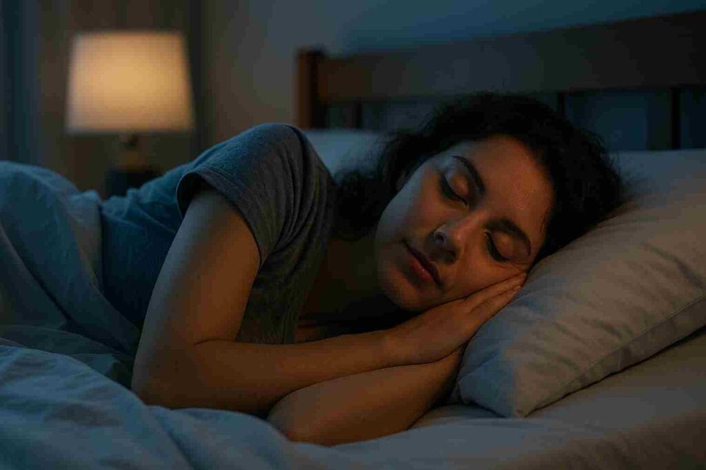 A young woman sleeping peacefully in a cozy, dimly lit bedroom with neutral bedding and soft lighting.