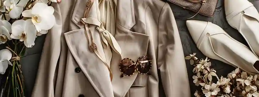 Trendy and elegant clothing flat lay featuring blazers, handbags, and shoes from affordable U.S. fashion brands