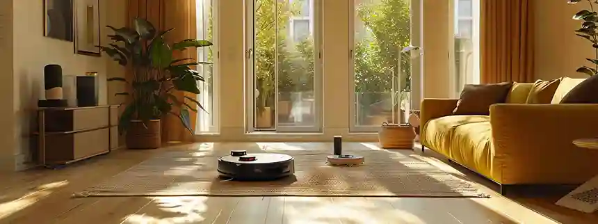 Smart home with robot vacuum, smart speaker, and video doorbell.