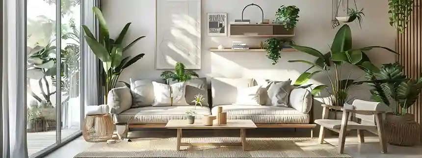 Modern minimalist living room with natural light, indoor plants, wood and rattan decor—showcasing Biophilic Design in a calm, earthy home.