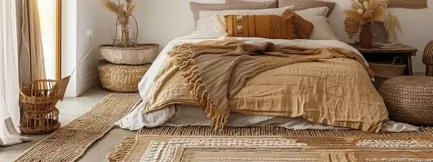 Layered jute and patterned rugs under a bed in a cozy, textured bedroom setup.