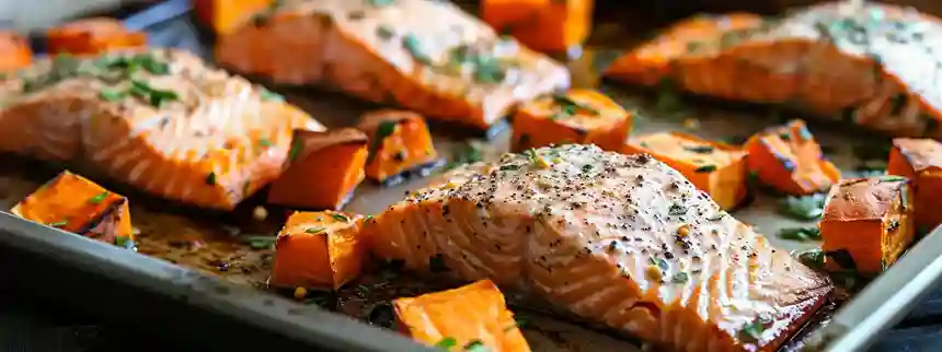 Sheet pan salmon fillets with roasted sweet potatoes, green beans, and lemon-herb seasoning.