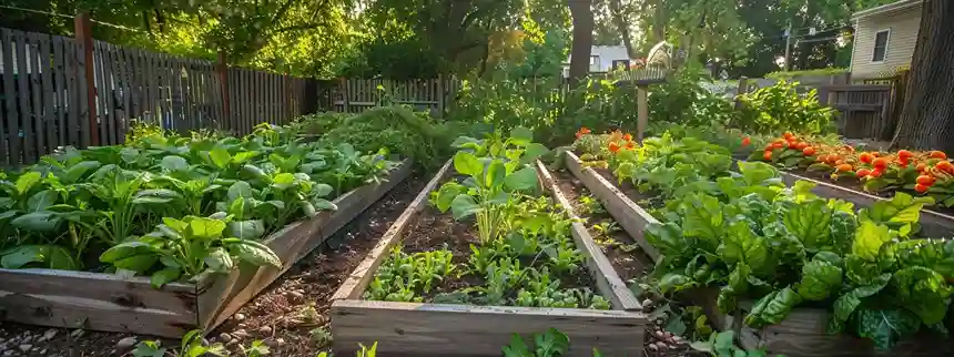 Backyard farming setup with raised beds, chickens, and greenhouse, showing a backyard farmer growing fresh food in a small sustainable space.
