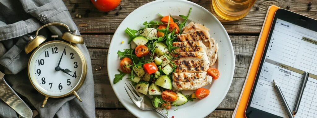 Healthy meal with fasting journal, clock showing noon, and a smartphone app tracking intermittent fasting progress.