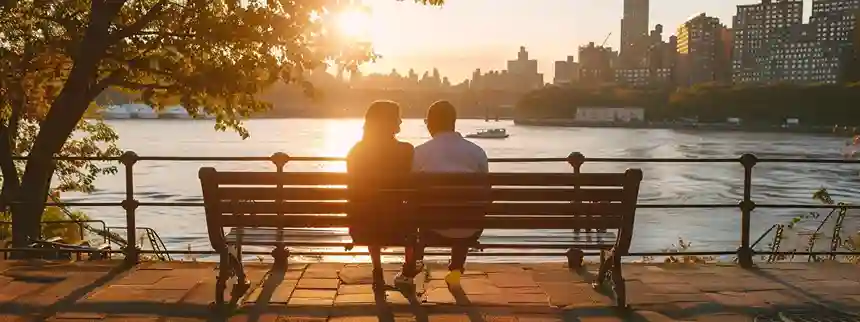Couple enjoying a scenic Hudson Valley sunset with river view, picnic setup, and travel map on a weekend budget getaway.