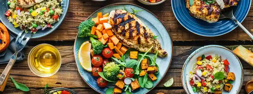 Colorful healthy dinner spread with grilled chicken, quinoa salad, steamed broccoli, and roasted sweet potatoes on a cozy family table.