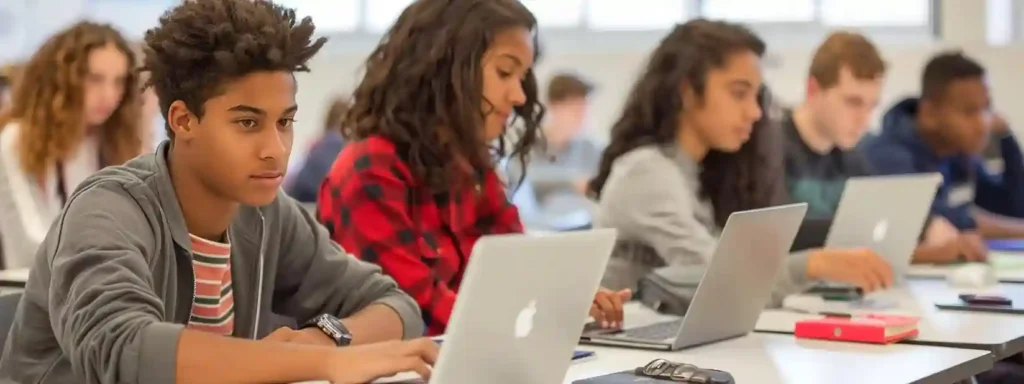 A diverse group of students in a modern classroom, each using laptops and tablets while a teacher guides a discussion on identifying fake news and media bias.