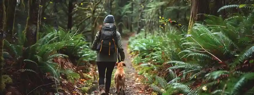 Traveler hiking with dog beside a pet-friendly travel trailer in a scenic U.S. mountain destination.