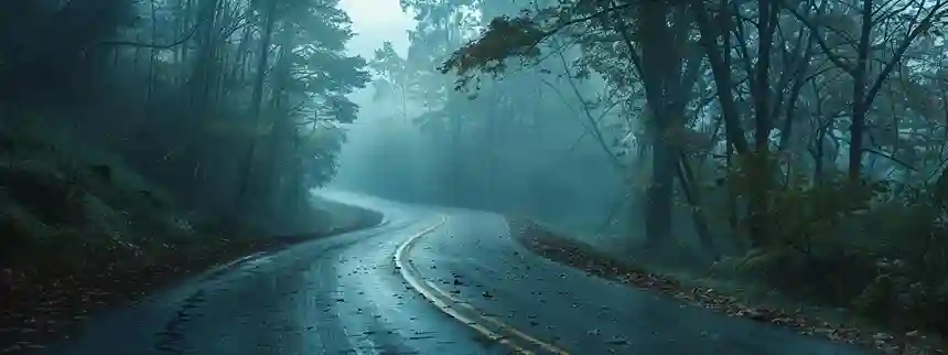 Foggy haunted road at dusk with eerie figure in the distance.