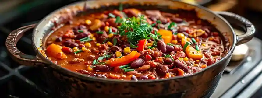 One-pot veggie chili with beans, vegetables, and fresh toppings in a large cooking pot.