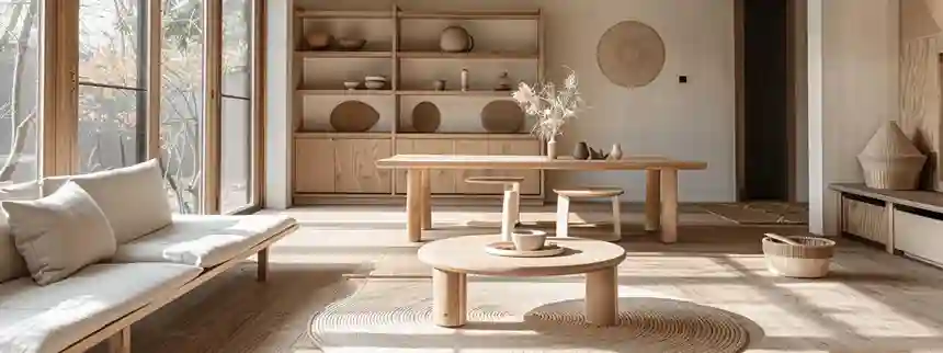 Minimalist Japandi living room with natural light, wooden furniture, and earthy decor.