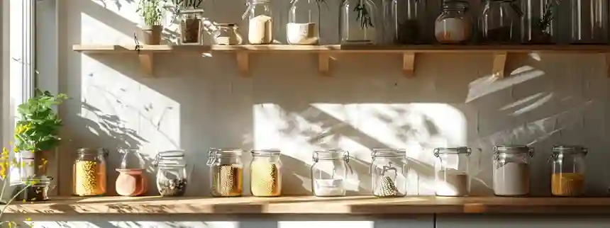 Hands cleaning a natural kitchen with reusable cloth, glass spray bottle, and non-toxic ingredients in a toxin-free home