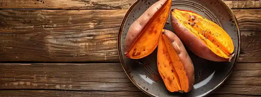 Three stuffed sweet potatoes on a plate with varied fillings like beans, quinoa, and chicken, ready to serve on a rustic table.