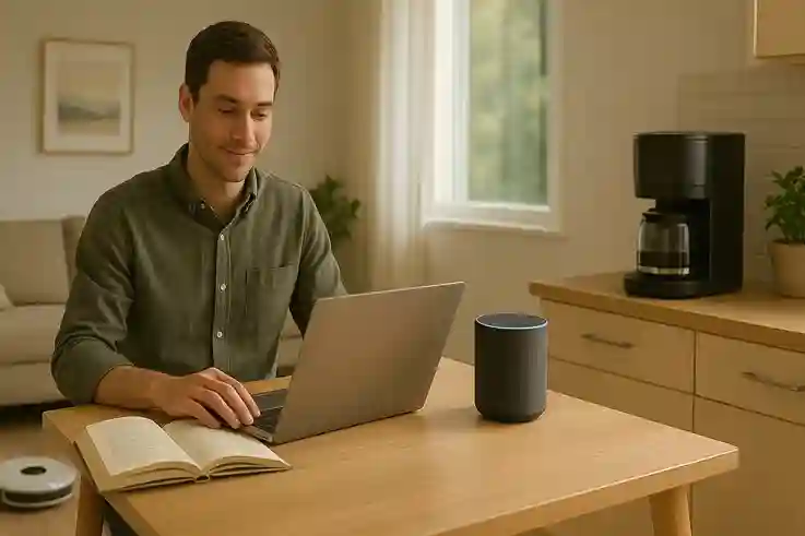 AI devices like robot vacuums, smart assistants, and coffee makers helping a person save time at home.