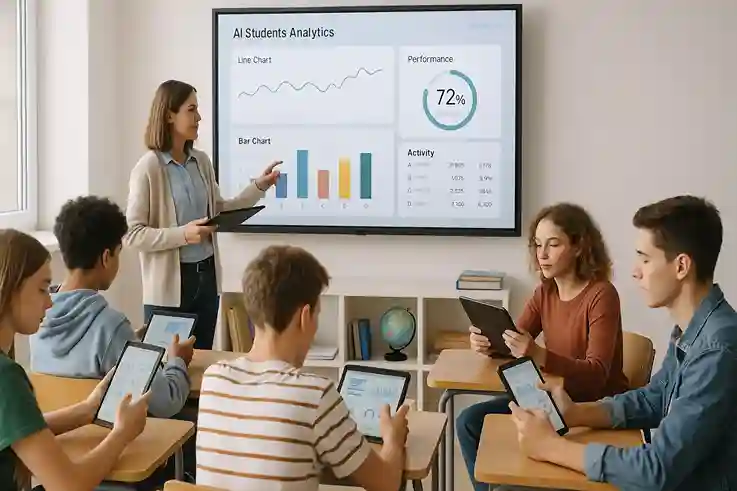 Students learning with AI-powered tools in class