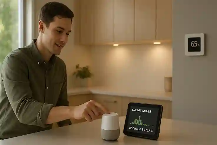 A person using AI gadgets at home to save time, money, and energy with smart assistant, energy monitor, and smart lighting.