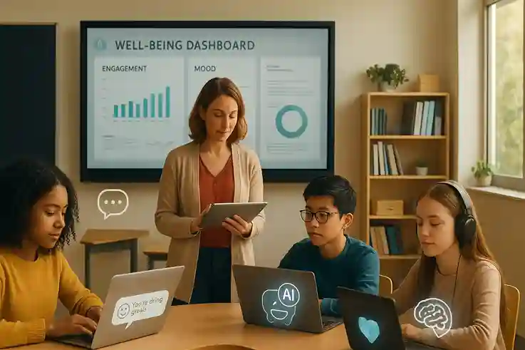 A modern classroom with diverse students using AI tools for mental health support, featuring an interactive well-being dashboard, guided meditation, and teacher-led data review.