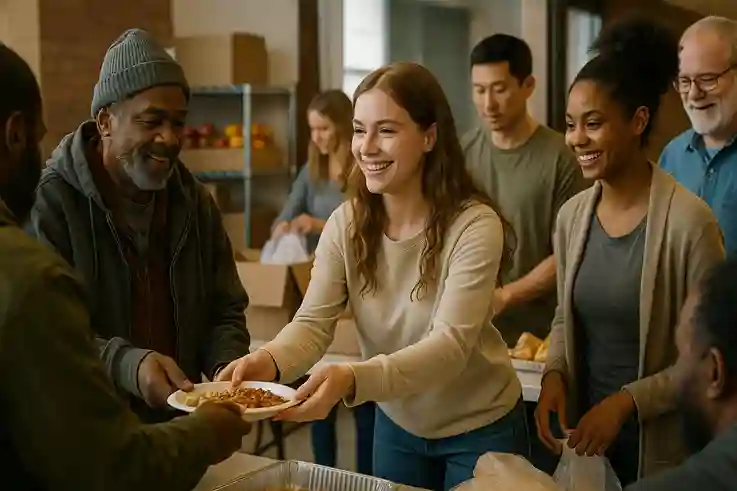 Acts of Kindness at the Community Shelter A young woman with a warm smile hands a plate of food to an older man at a community shelter. Around them, diverse volunteers and guests share friendly moments in a welcoming, naturally lit space that radiates empathy, hope, and connection.