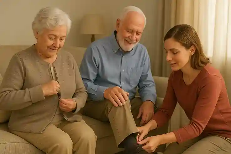 Adaptive Fashion in Daily Life Comfort, Dignity and Ease An older woman with arthritis zipping her adaptive cardigan while a caregiver helps a senior man with easy-closure shoes in a cozy indoor setting.