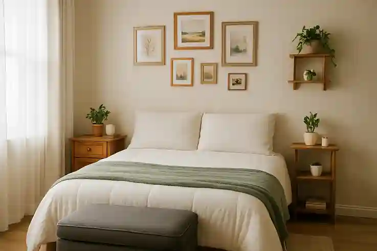 Cozy budget-friendly bedroom with thrifted furniture, neutral bedding, sage accents, and natural light.