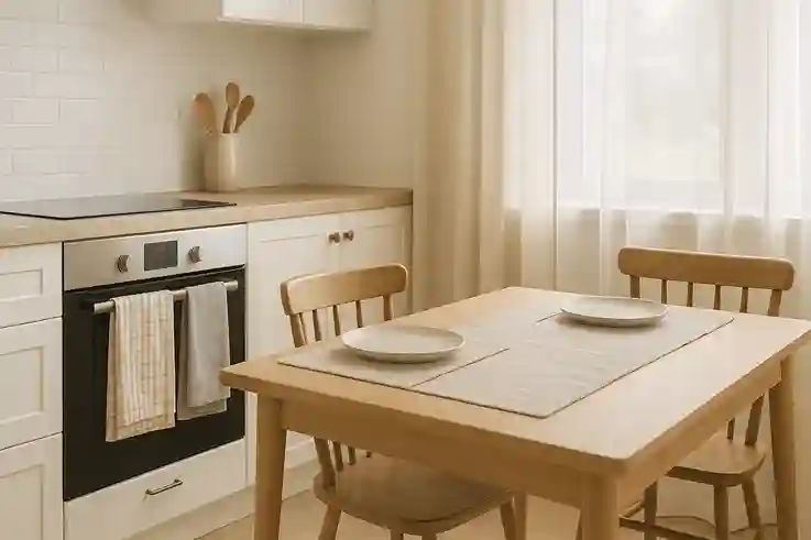 Affordable Cozy Kitchen with Stylish Neutral Textiles (2) Neutral-tone kitchen with dish towels, table runner, placemats, and sheer curtains in soft, budget-friendly textiles under natural light.