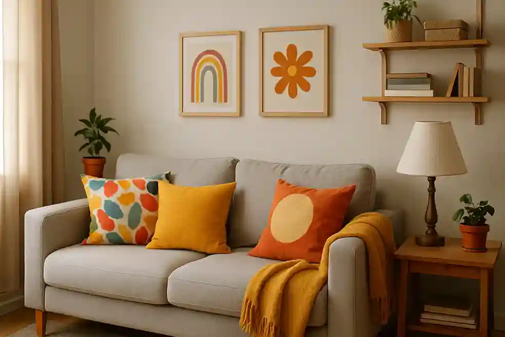 A cheerful living room with thrifted decor, colorful pillows, soft lighting, and natural touches like plants and wood accents.