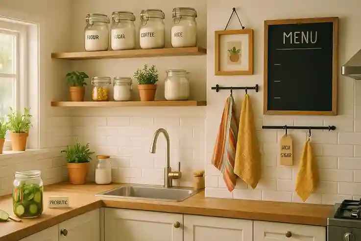 Cozy kitchen with open shelves, herb plants, colorful dish towels, chalkboard menu, and soft lighting on a clean countertop.