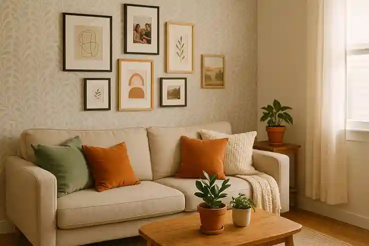 Budget-friendly living room with velvet pillows, knit blanket, accent wall, indoor plants, and framed wall art in soft lighting