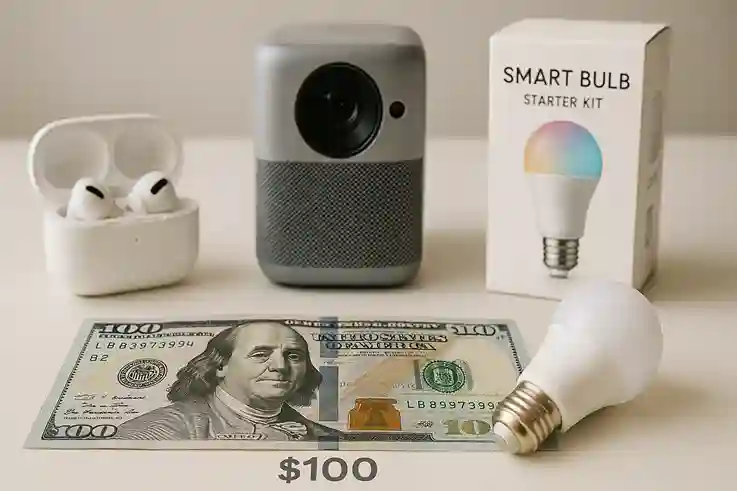 Affordable Smart Tech Under $100 Wireless earbuds, portable projector, and smart bulb kit arranged neatly on a white table representing affordable tech gadgets under $100.