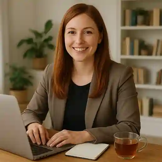 Female author in her early 30s with long straight auburn hair, smiling warmly while sitting at a desk with a laptop, notebook, and a cup of tea. A bright, modern setting with bookshelves and plants creates a creative and inviting atmosphere.