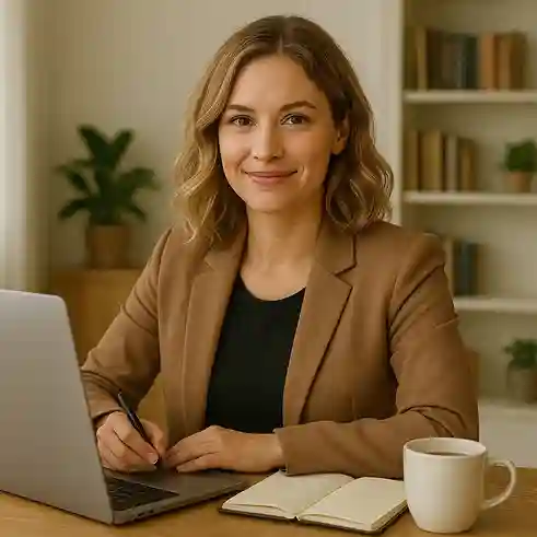 Amber Hexshot, an author in her early 30s with shoulder-length wavy blonde hair and a confident, approachable smile. She sits at a desk with a laptop, journal, and coffee cup, framed by soft natural light, bookshelves, and plants that highlight creativity and intellect.