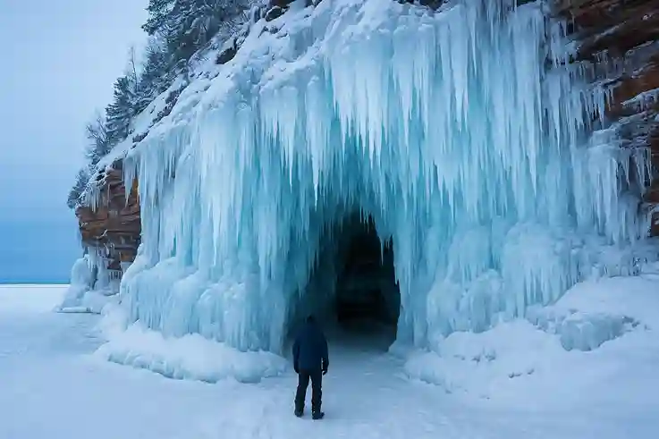 Apostle Islands Ice Caves in Winter Frozen Apostle Islands ice caves with towering icicles and snow-covered cliffs along Lake Superior.