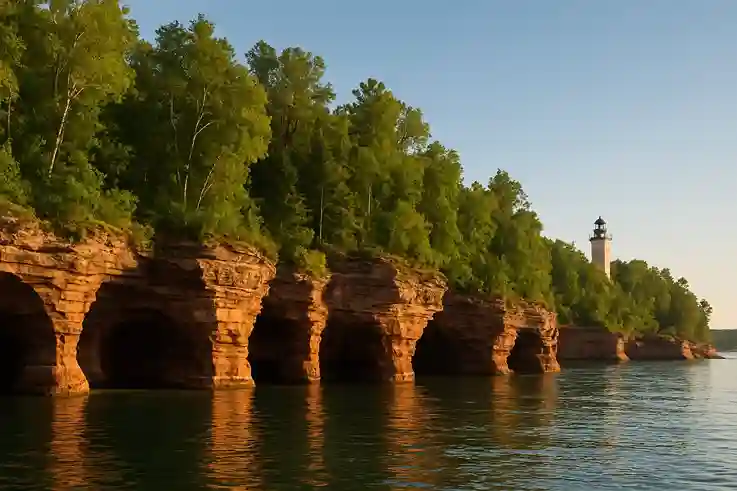 Sunlit sandstone sea caves and a historic lighthouse on the Apostle Islands, one of the most scenic Hidden Travel Spots in the U.S.