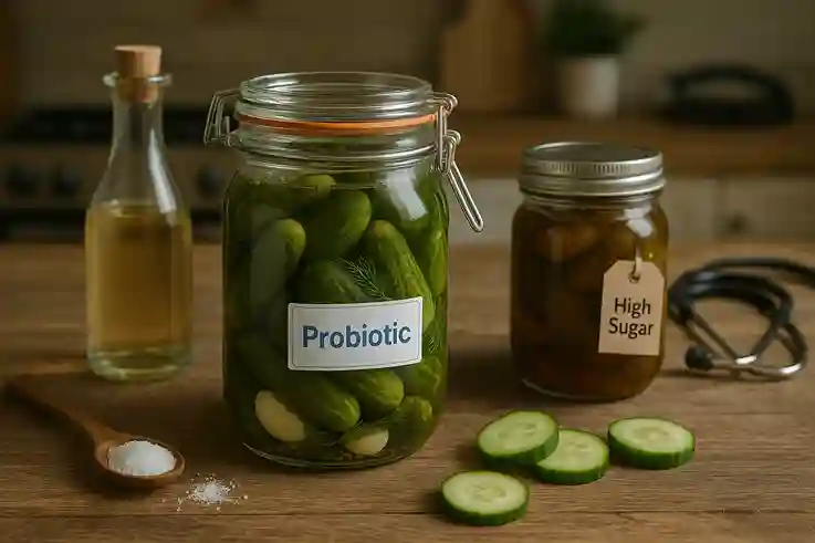 A display of fermented and sweet pickles with health indicators like salt, sugar, and probiotics on a kitchen table.