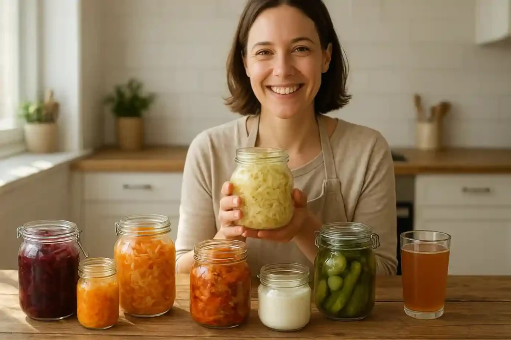 Person holding a jar of sauerkraut with jars of kimchi, pickles, beets, and kombucha on a kitchen table, showing the best foods to ferment at home.