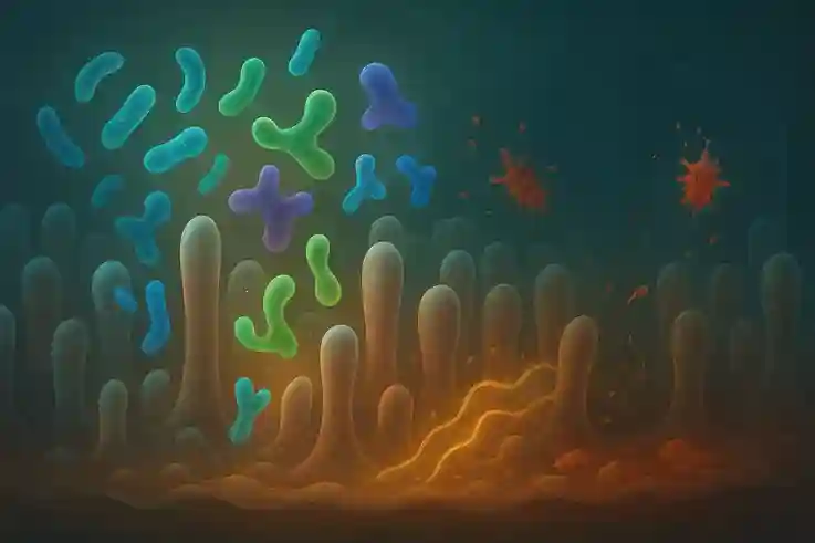 3D scientific illustration of the human gut microbiome, showing colorful beneficial bacteria, harmful pathogens, nutrient absorption, and short-chain fatty acids within intestinal villi.