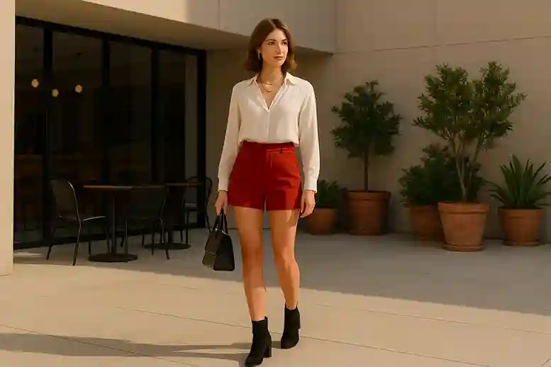 Woman wearing red high-waisted hot pants and a tucked-in blouse, standing in a minimalist cafe courtyard with greenery.