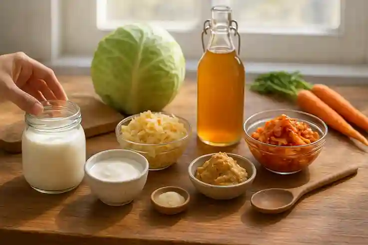 A vibrant wooden kitchen counter showcasing a variety of colorful fermented foods, including yogurt in a glass jar, kefir in a small bowl, sauerkraut, kimchi, kombucha in a bottle, and miso in a dish. Fresh cabbage and carrots sit nearby, bathed in soft natural light from a window, emphasizing health and freshness.