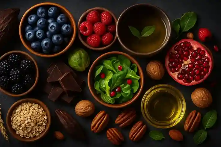 Flat-lay of polyphenol-rich foods on a dark slate background, including blueberries, raspberries, blackberries, pomegranate, dark chocolate, green tea, olive oil, walnuts, pecans, fresh greens, and cacao pods.