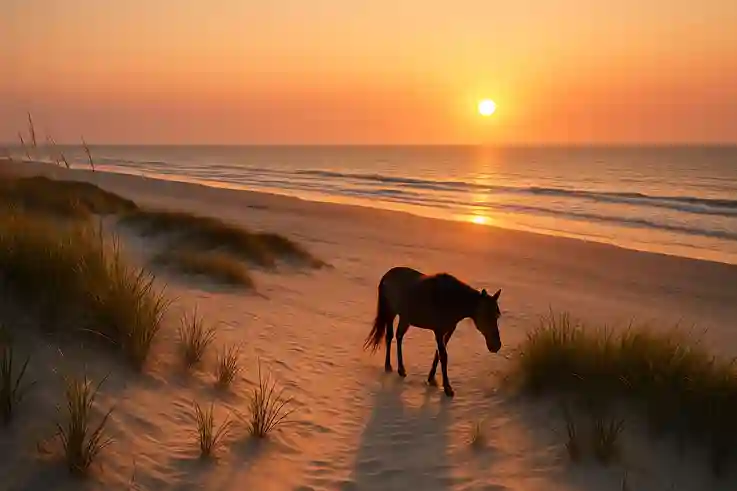 Golden sunset on Cumberland Island beach with wild horses grazing, one of the most peaceful Hidden Travel Spots in the U.S.