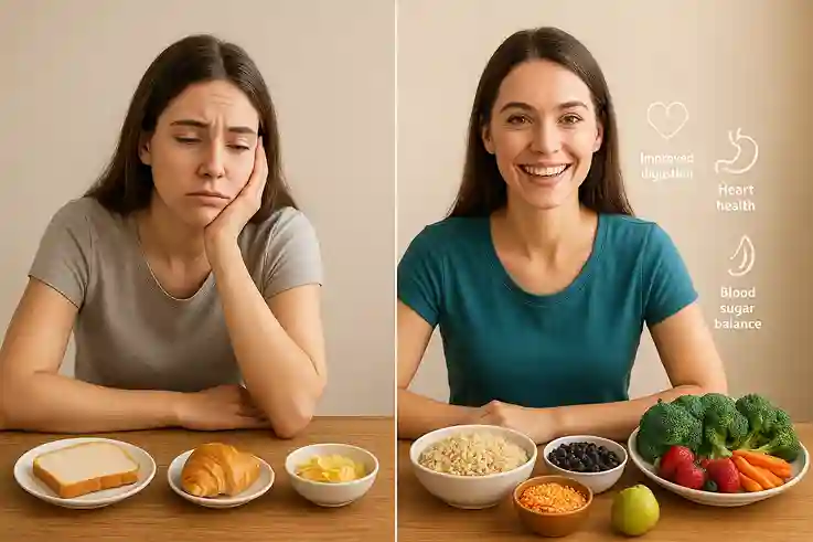 Split image showing a woman in her late 20s: left side sluggish with low-fiber foods, right side vibrant with a colorful spread of fiber rich foods, highlighting improved digestion, heart health, and energy.